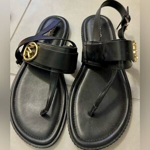 Michael Kors Black Leather Thong Sandals Gold MK Logo Ankle Strap Size 8.5